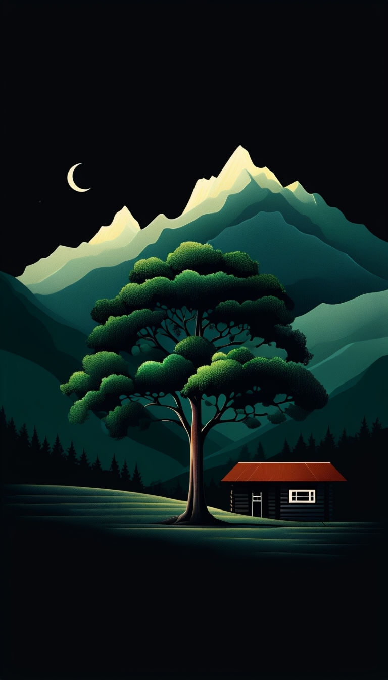 Tranquil Nighttime Landscape with Tree and Cabin Mobile Wallpaper