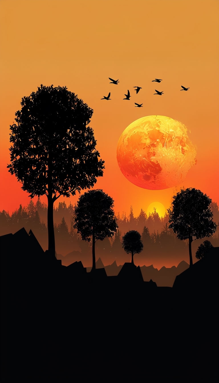 Serene Sunset Landscape with Silhouettes and Full Moon Mobile Wallpaper