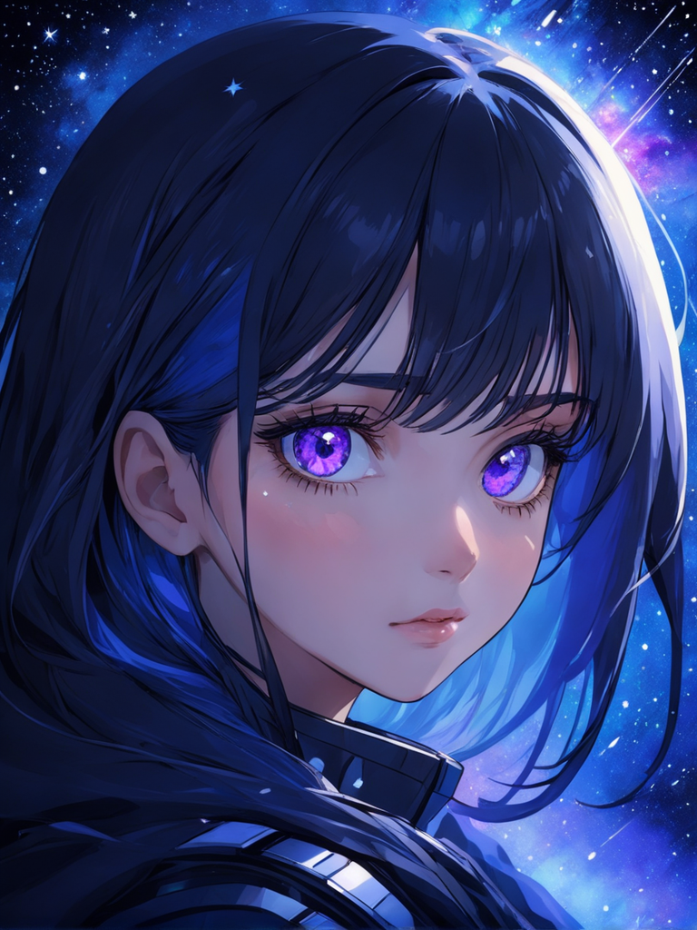 anime girl with blue hair and purple eyes