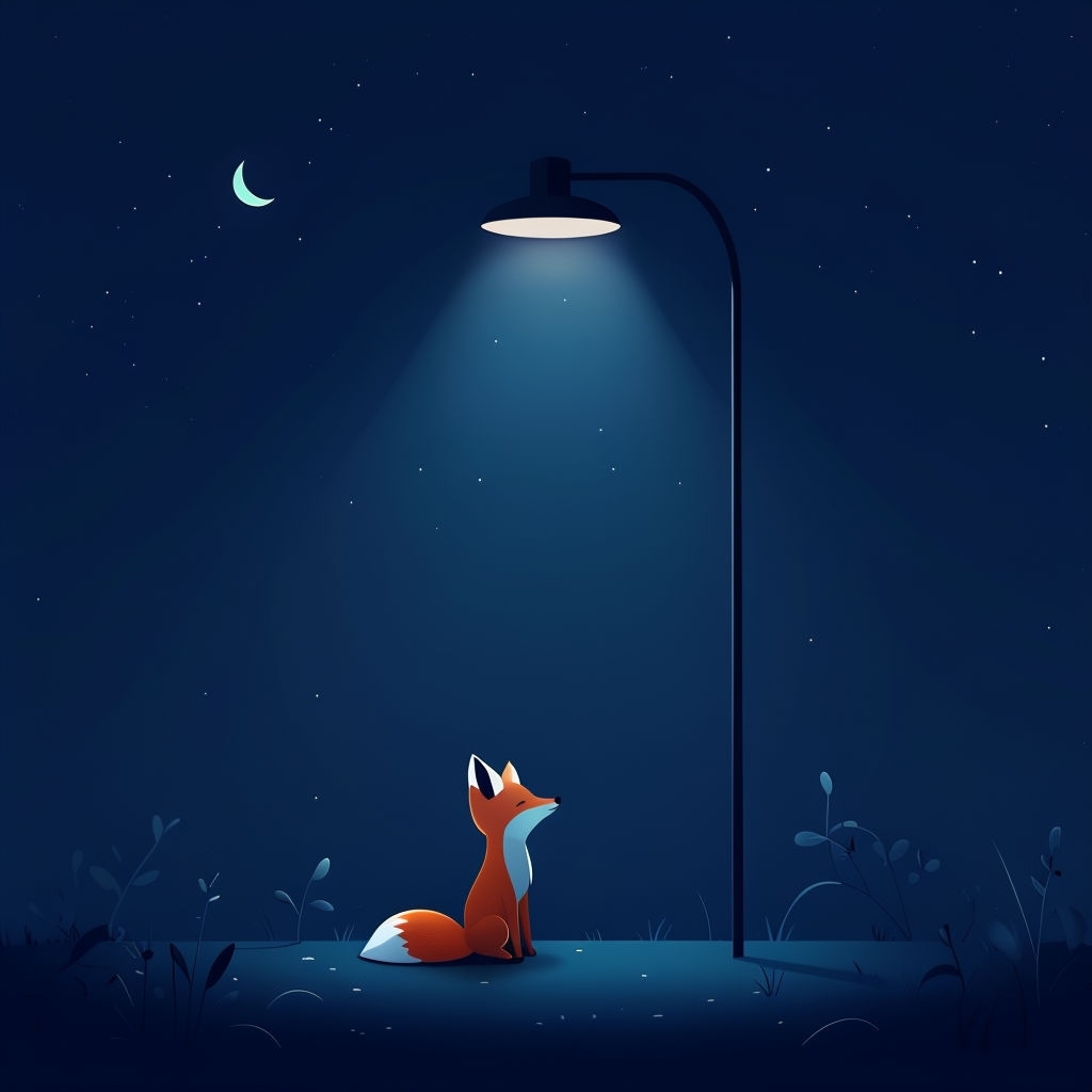 Serene Stylized Fox Under Street Light Art for Tranquil Nights