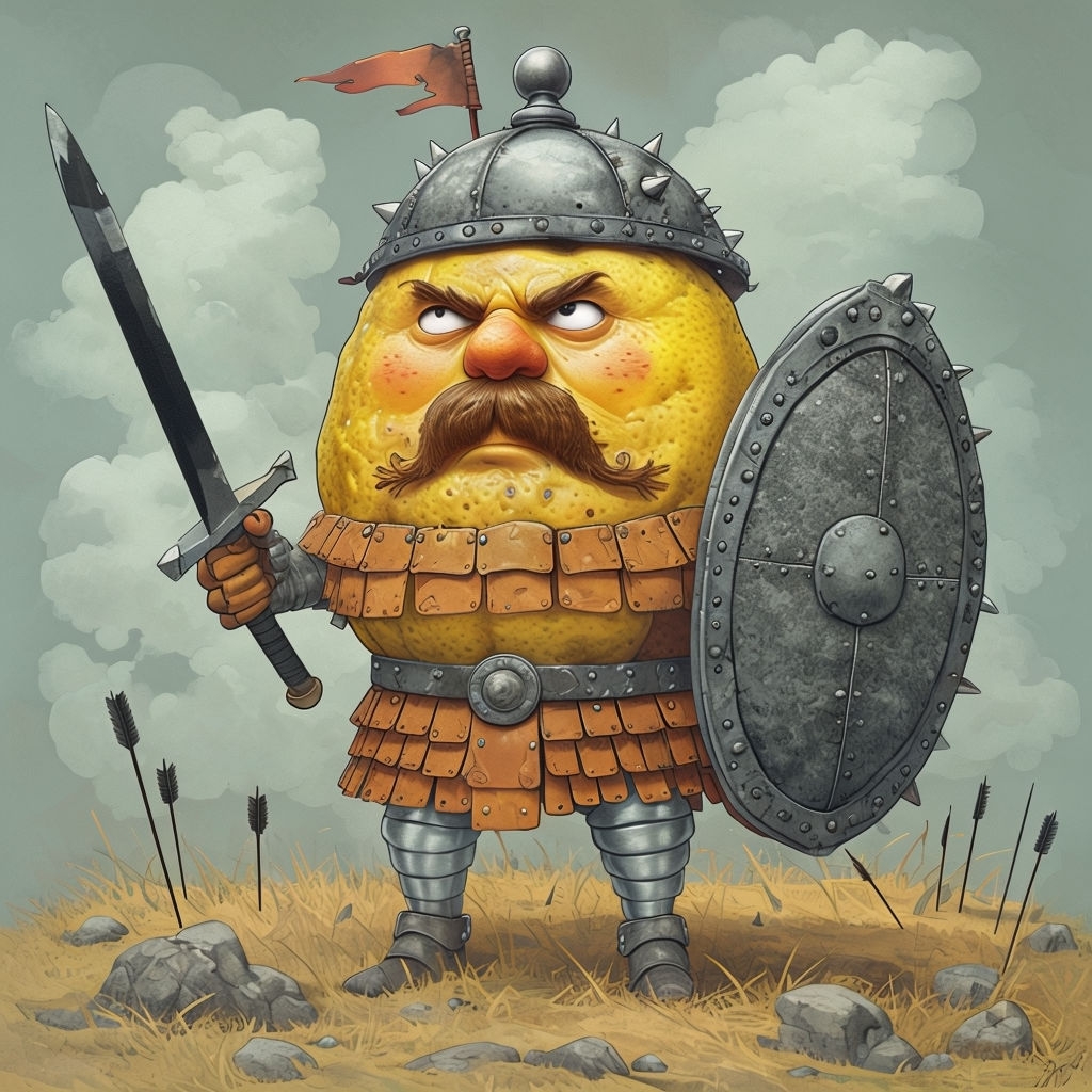 Whimsical Lemon Warrior Cartoon Illustration in a Grassy Field Art