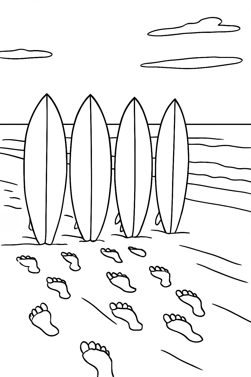 Serene Minimalist Beach Scene with Surfboards Coloring Book Page