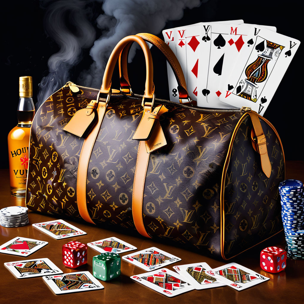 Smokin Aces name logo on a huge Louis Vuitton bag surrounded by playing cards and dice with Hennessey bottles around it 