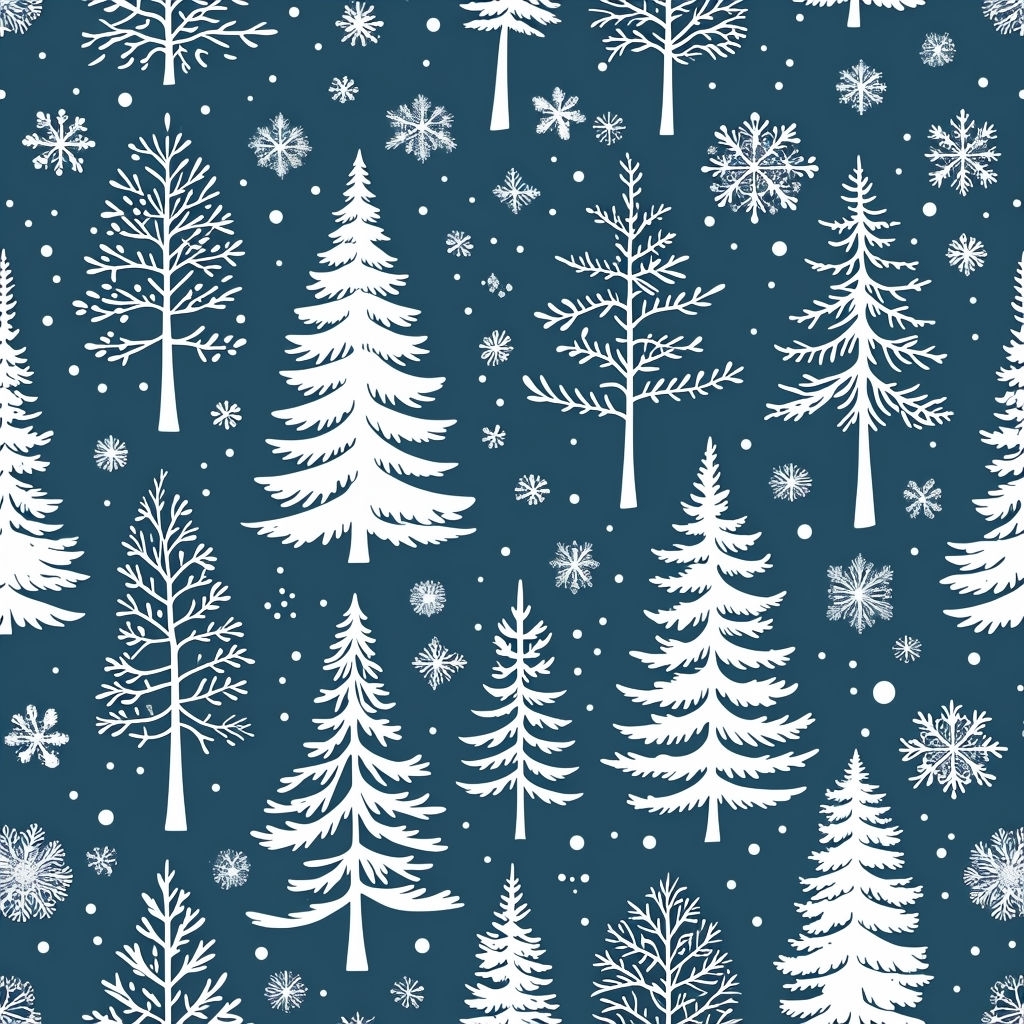 Winter Wonderland Trees and Snowflakes Seamless Pattern