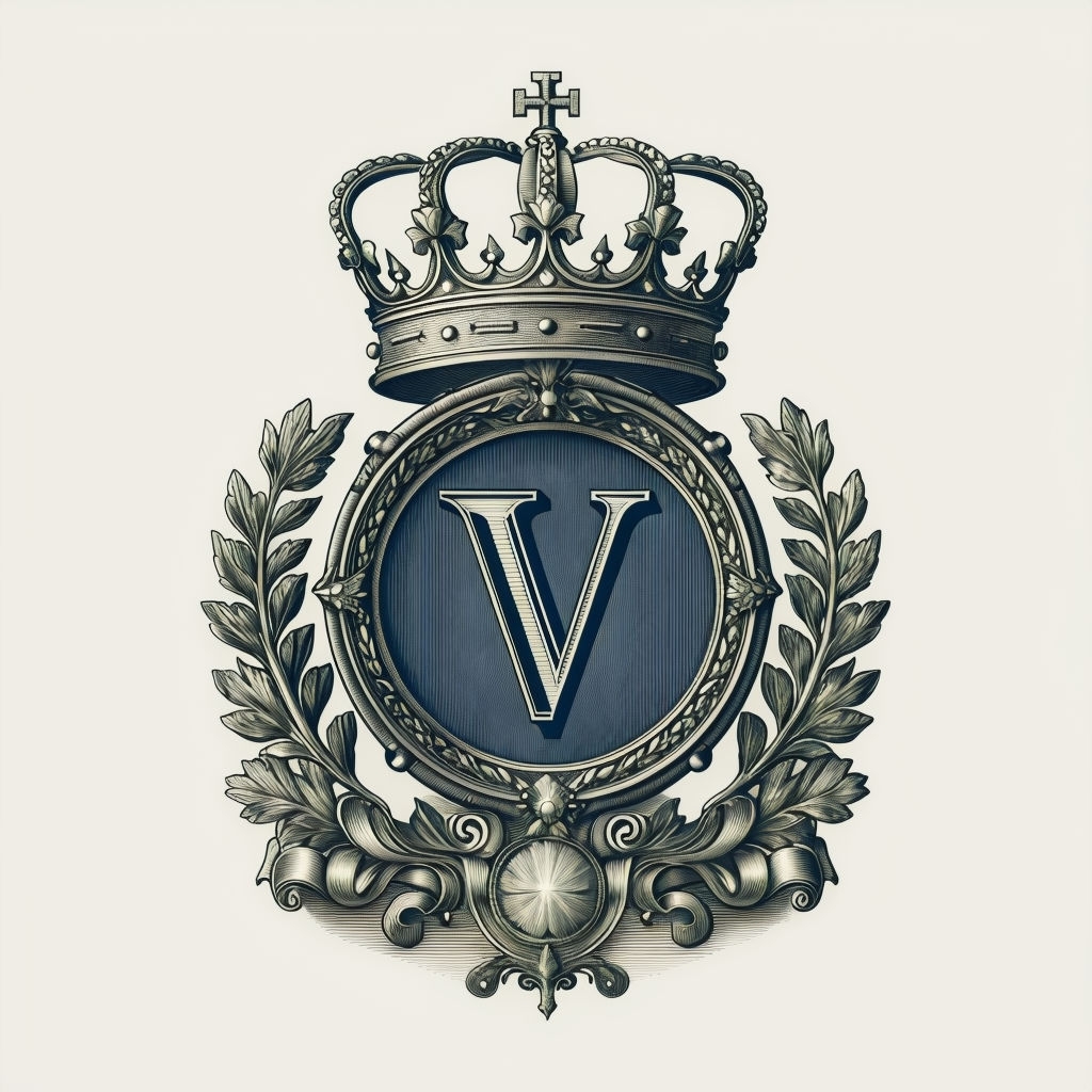 Ornate Heraldic Emblem with Bold V and Crown Design Monogram