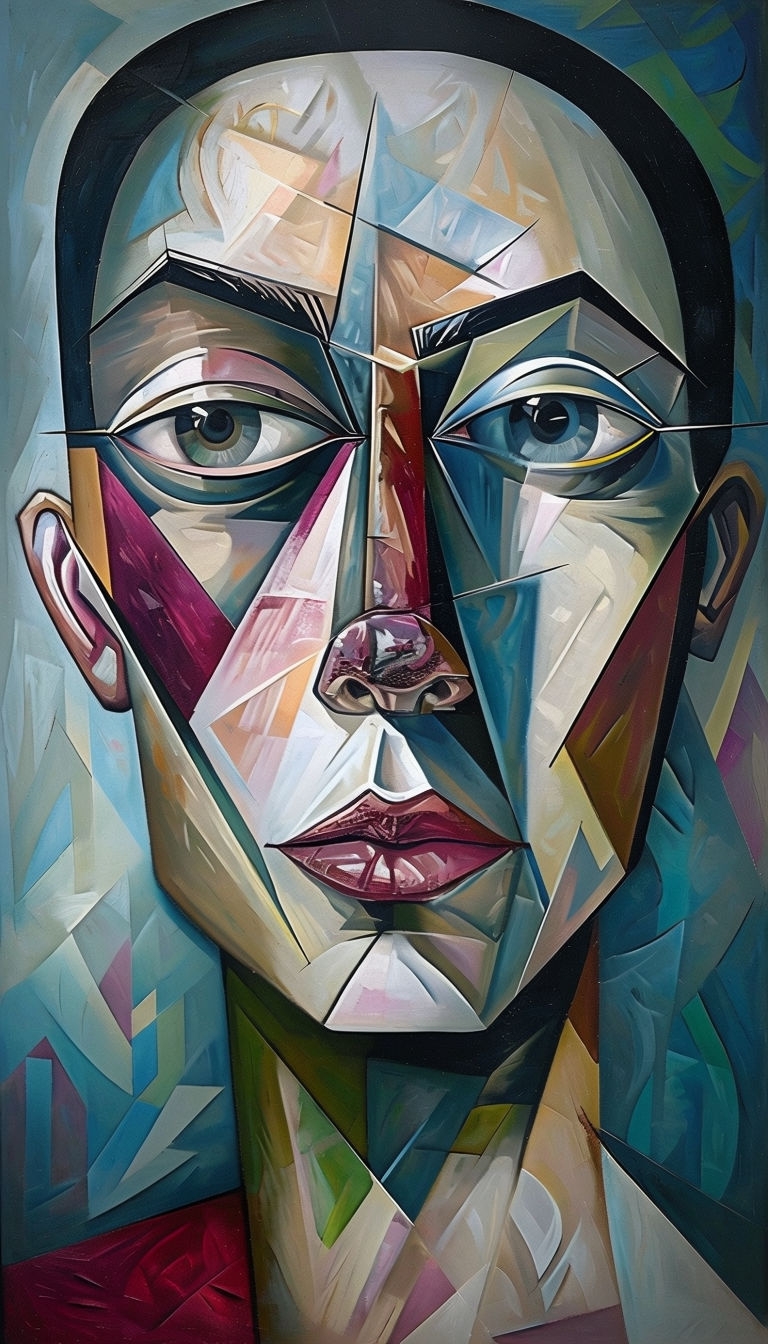 Surreal Cubist Portrait with Geometric Shapes and Patterns Art