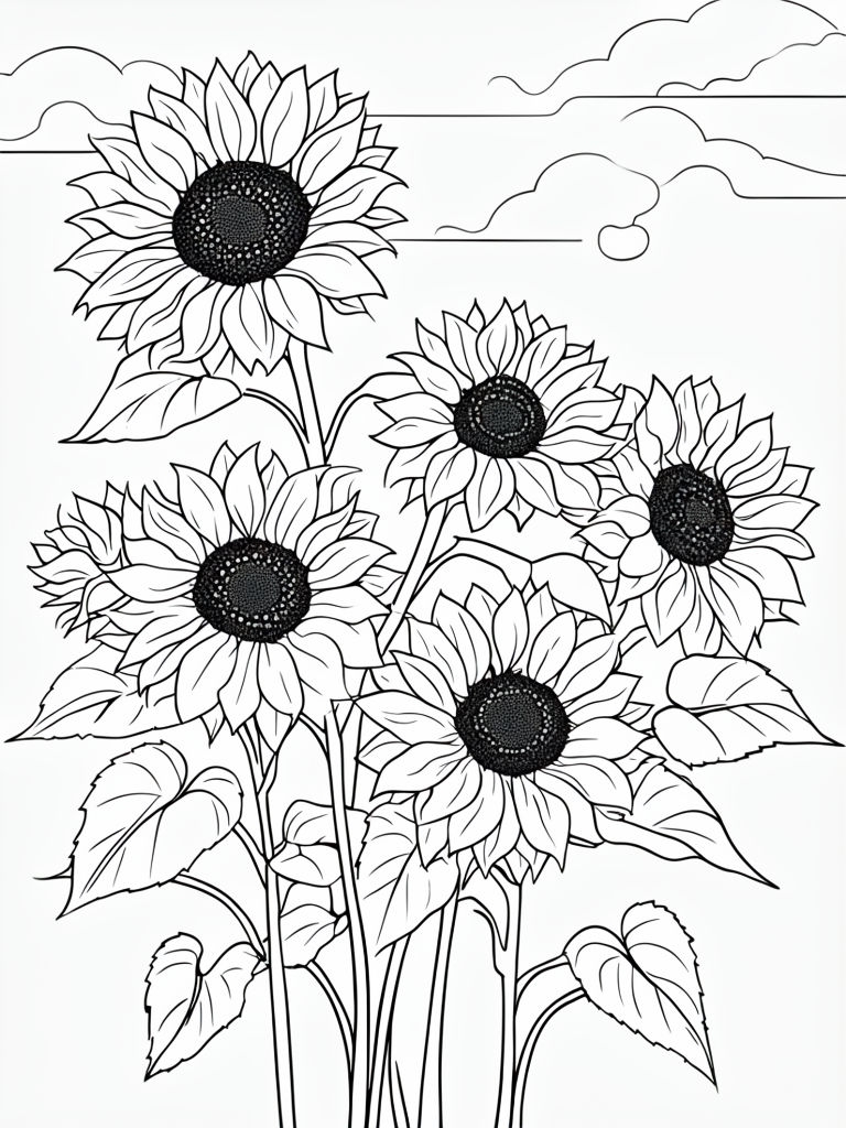 Beautiful Outline Sunflowers Botanical Illustration for Coloring Book Pages