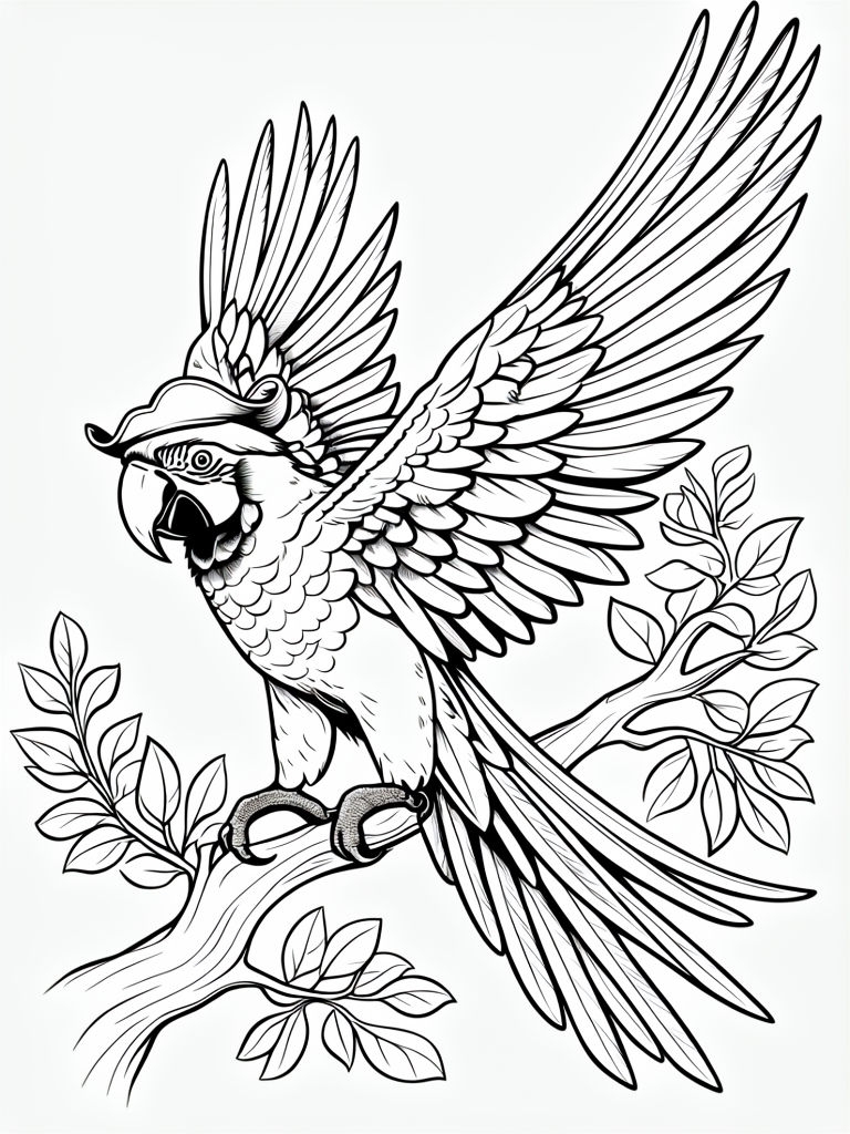 Playful Macaw Parrot in Flight with Pirate Hat Coloring Page