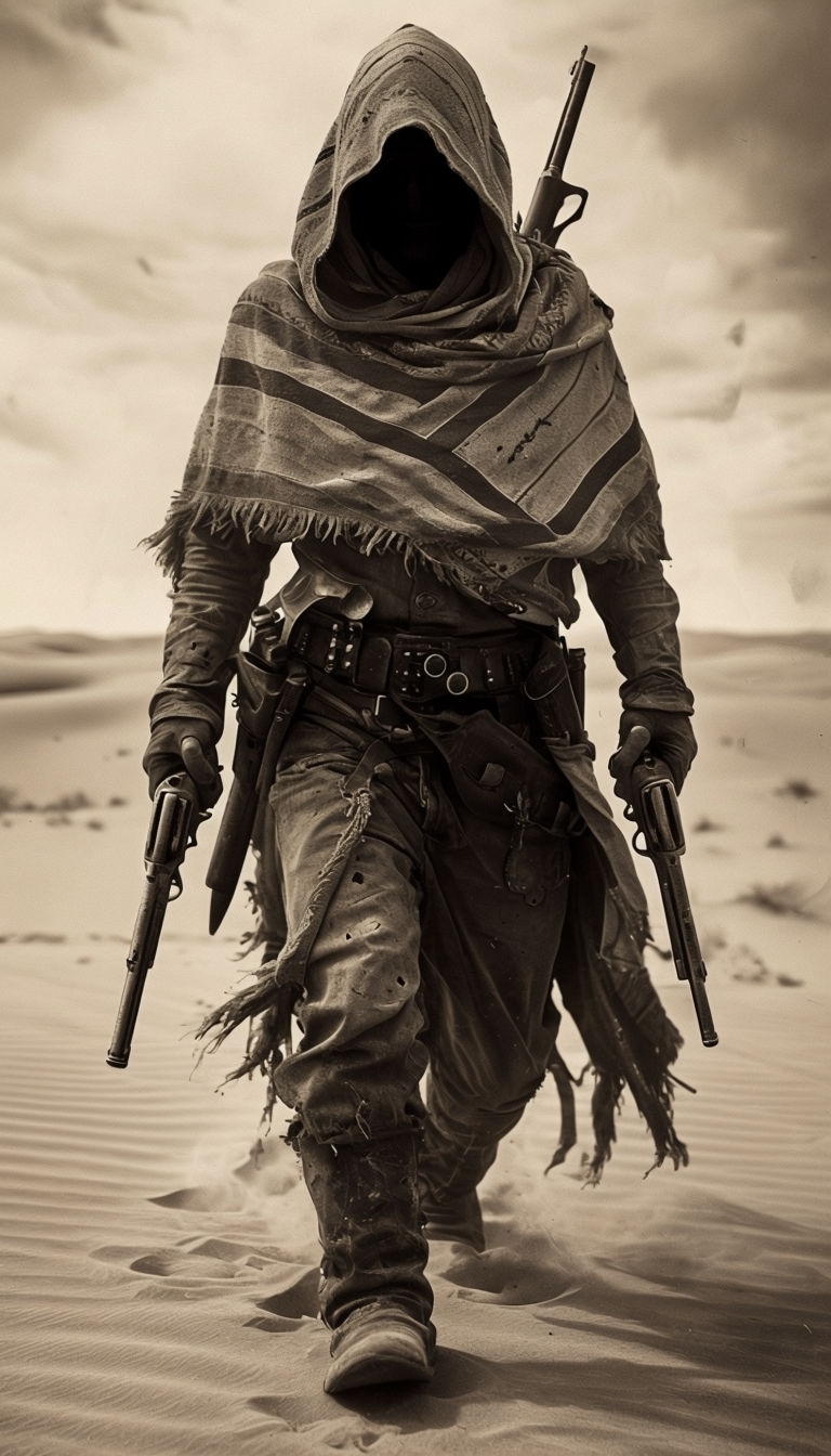 Mysterious Cloaked Figure in Desert Sepia-Toned Photograph Mobile Wallpaper