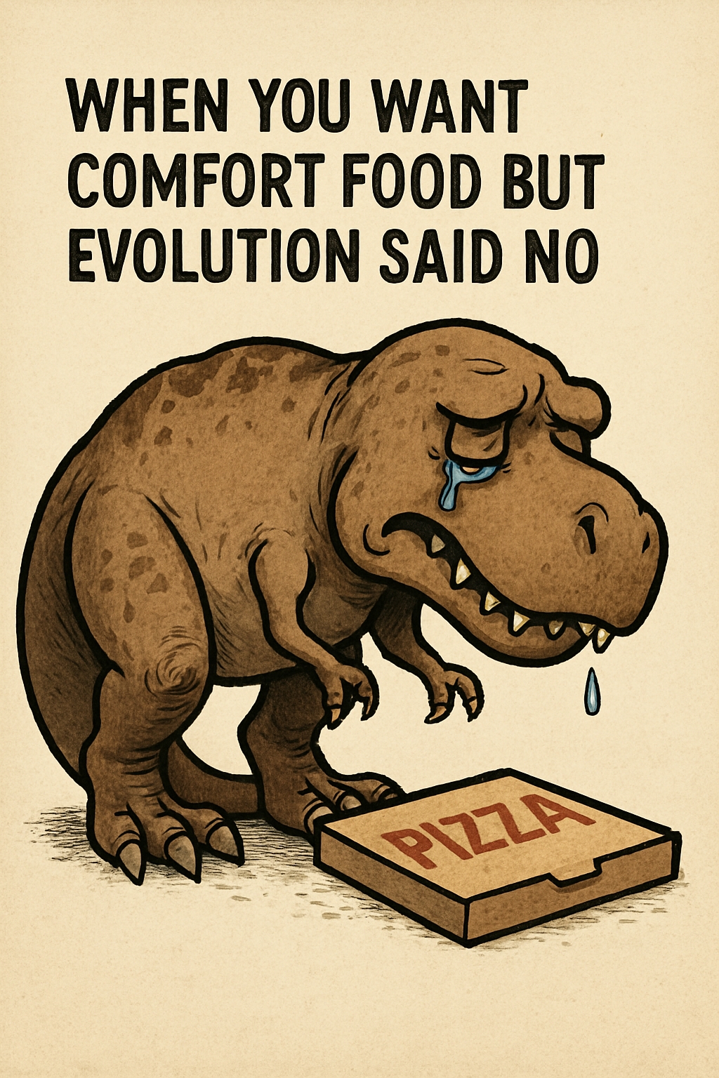 Sad Dinosaur Wants Pizza Illustration with Humorous Text Meme