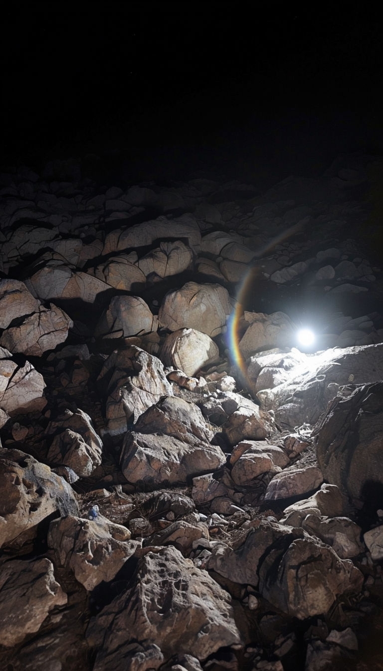 Rugged Rocky Terrain at Night with Flashlight and Halo Effect Mobile Wallpaper