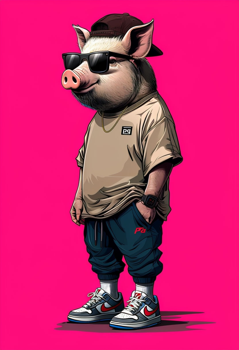 Stylish Humanized Pig Character in Trendy Casual Wear Art