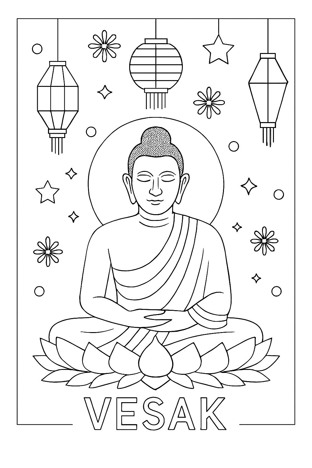 Meditating Buddha on Lotus with Lanterns Coloring Page