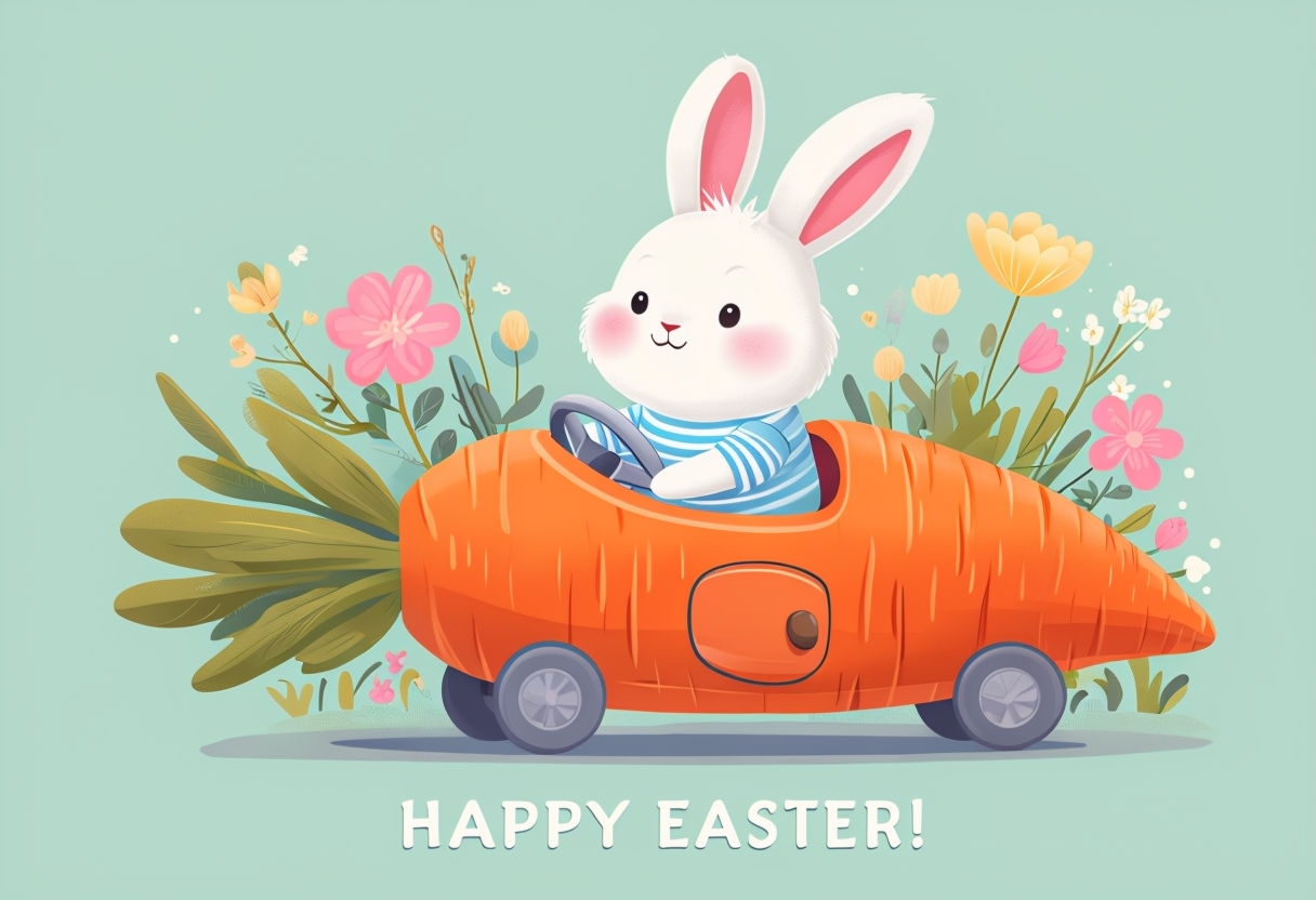 Cheerful Bunny Driving Carrot with Happy Easter Text Card