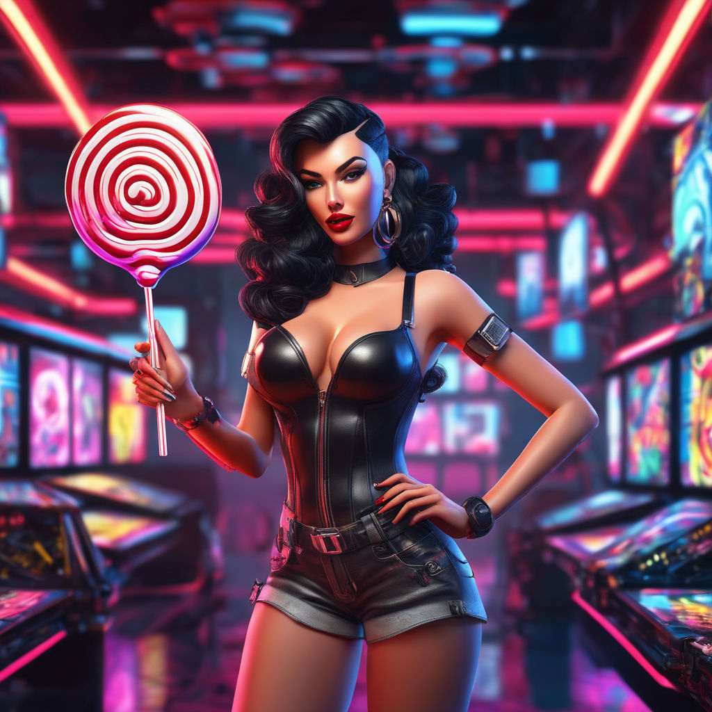 a beautiful pinup girl plays pinball in a night club