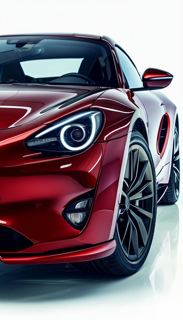 Sleek Glossy Red Sports Car Close-Up Photograph Mobile Wallpaper