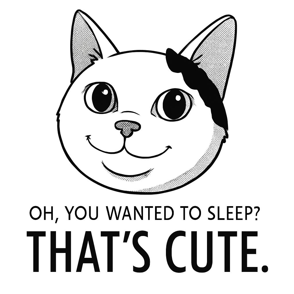 Cute Black-and-White Cat Illustration with Playful Text Sticker