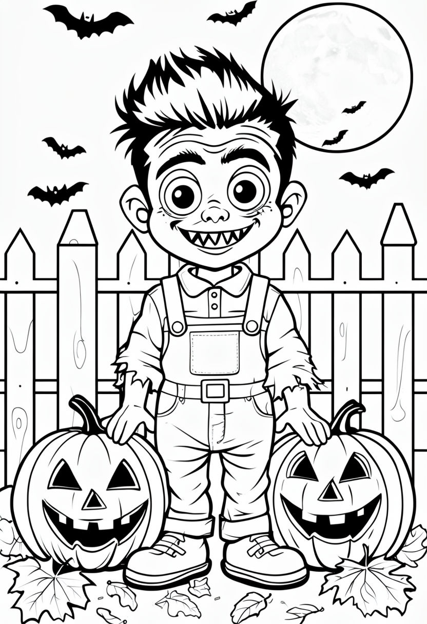 Whimsical Halloween Zombie with Pumpkins Coloring Page