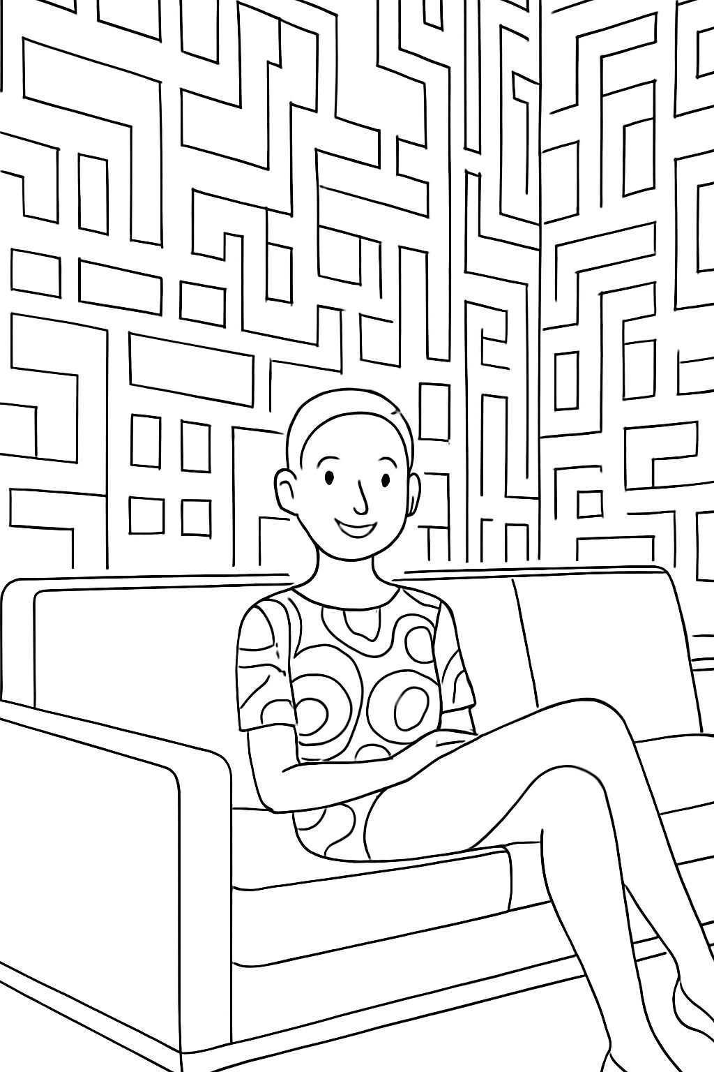 Relaxed Person on Modern Sofa with Geometric Background Coloring Book Pages