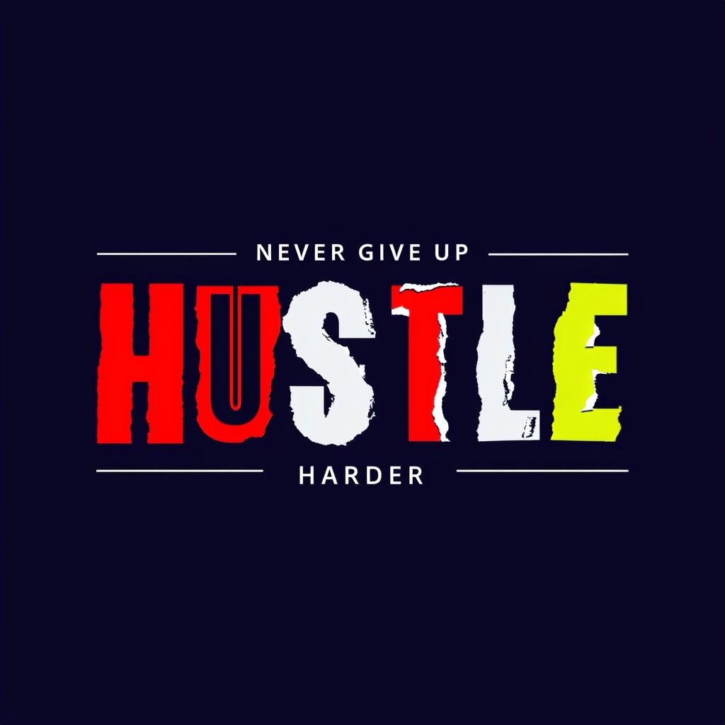 Vibrant HUSTLE Motivational Typography on Navy Blue T-Shirt