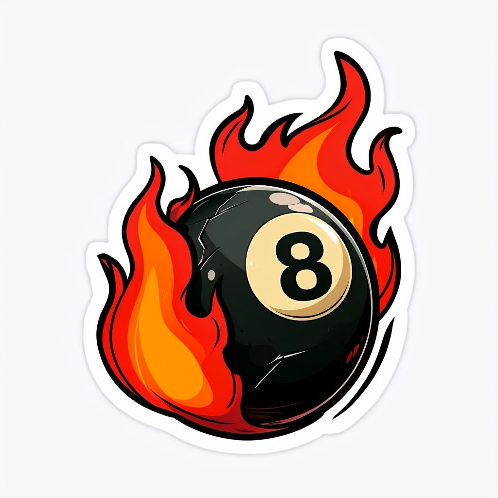 Dynamic Cartoon 8-Ball with Flames Illustration Sticker