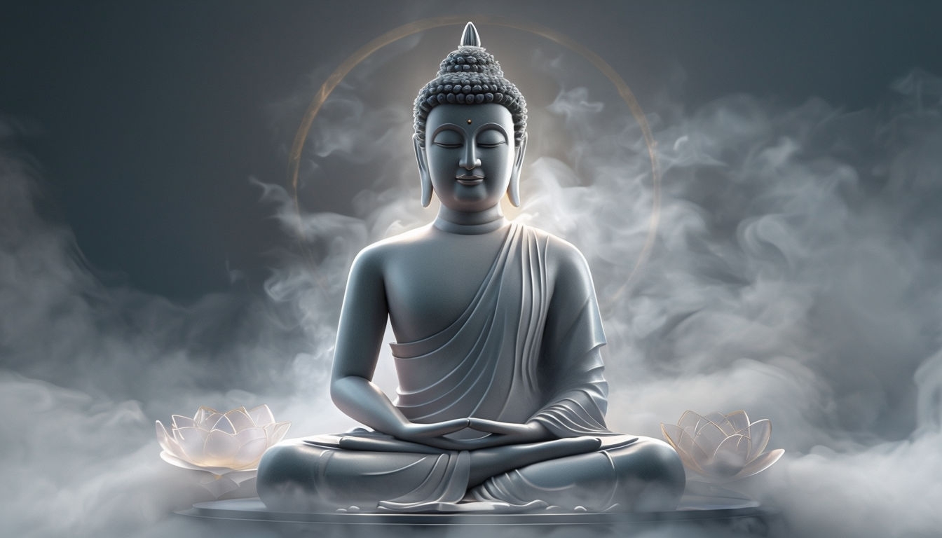Serene Buddha Statue in Misty Ethereal Clouds Virtual Background