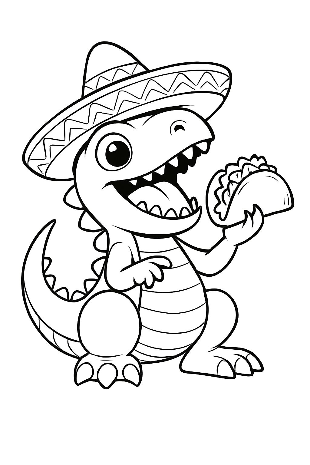 Cheerful Cartoon Dinosaur with Taco and Sombrero Coloring Page
