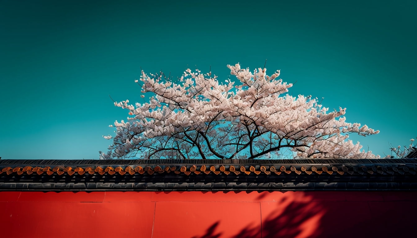 Vibrant Red Chinese Wall with Blooming Tree Virtual Background