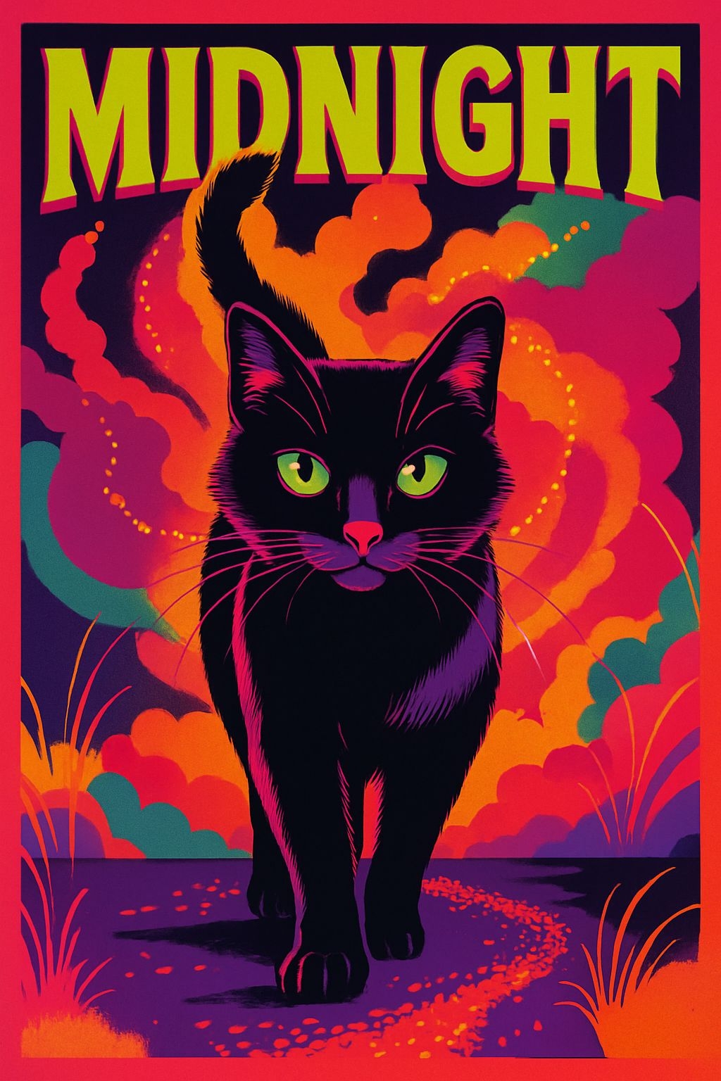 Vibrant Neon Midnight Cat with Glowing Eyes Illustration Poster