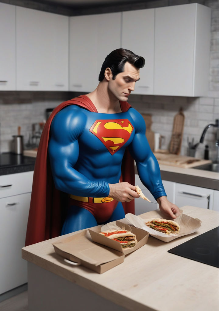 Superman is eating shawarma in the kitchen. realistic by dutari timons ...