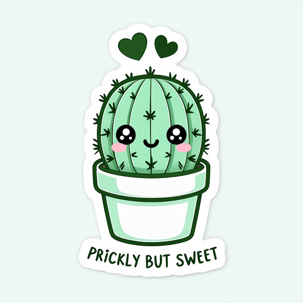 Kawaii Mint Green Cactus with Hearts and Prickly But Sweet Text Sticker