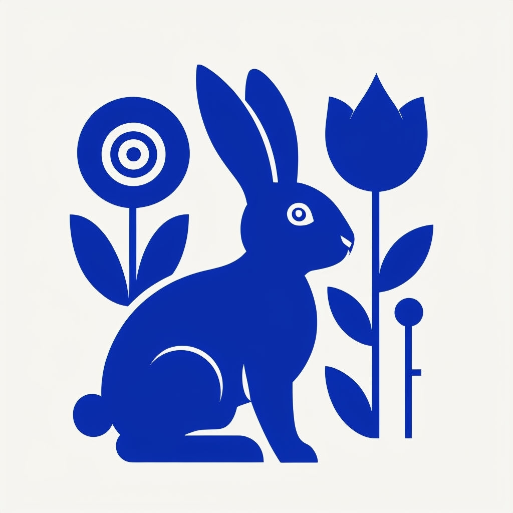 Royal Blue Rabbit and Floral Elements Minimalist T-Shirt