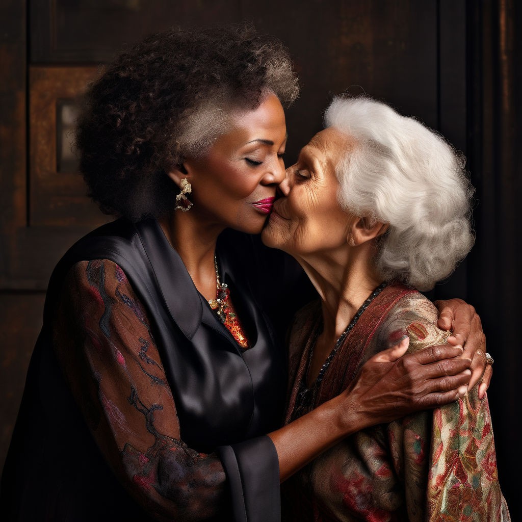 Older woman kissing gorgeous young girl