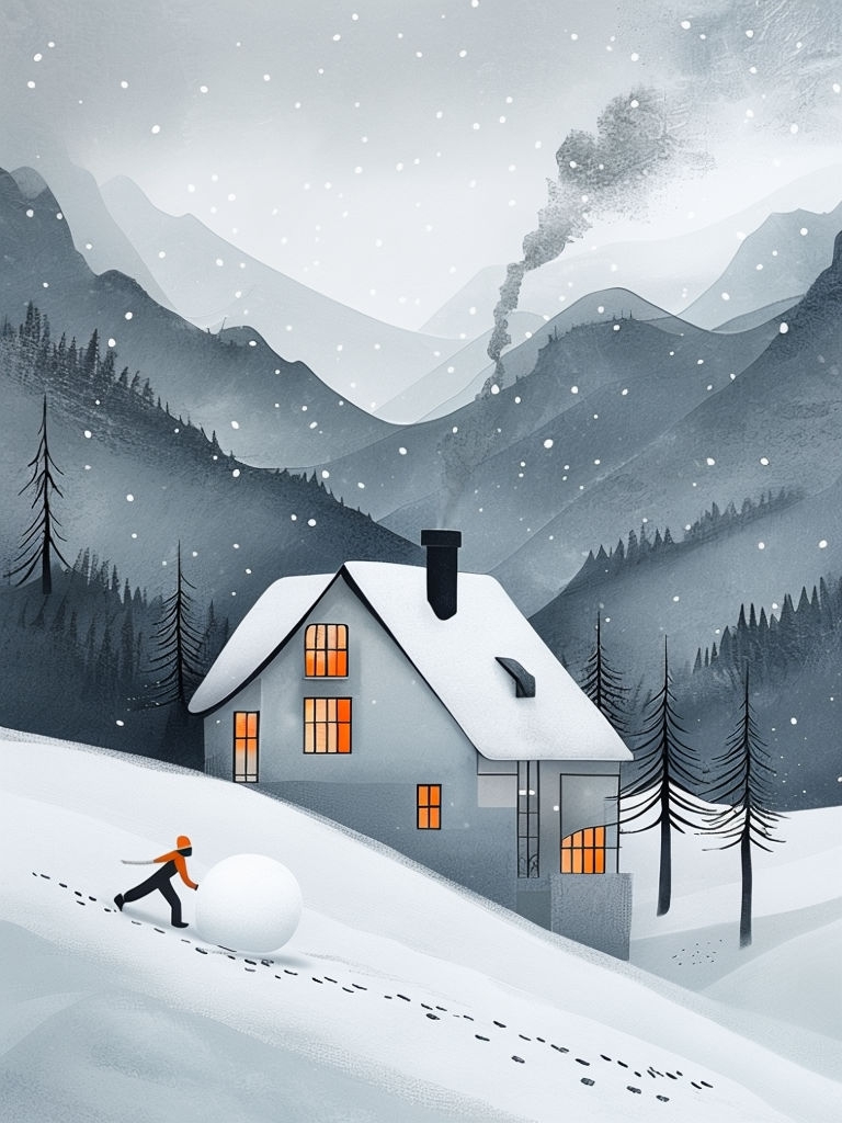 Whimsical Winter Landscape with Cozy House Illustration Card