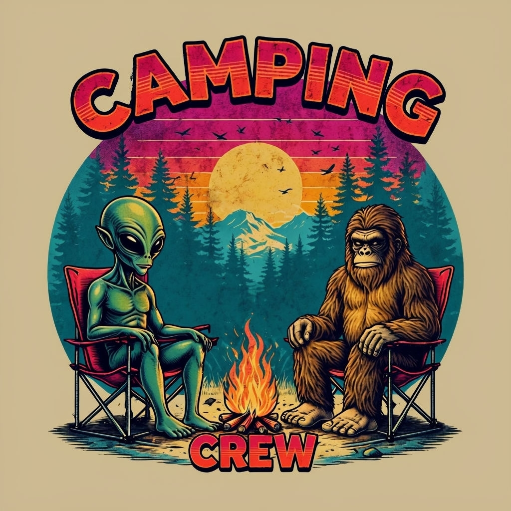 Vintage Alien and Bigfoot Camping Crew Illustration T-shirt