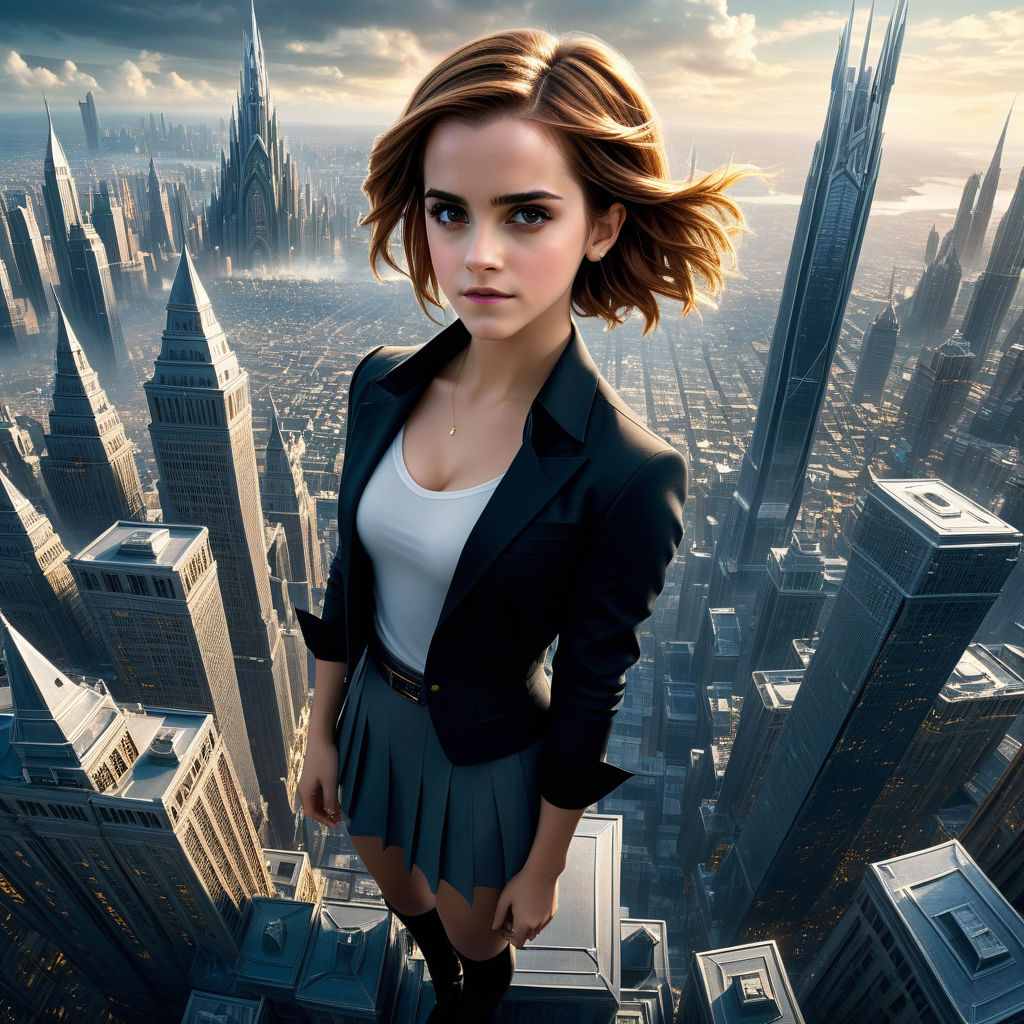 Giantess emma watson wearing skirt sitting on tiny earth in space