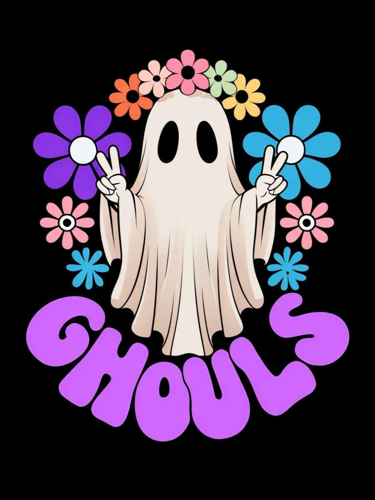 Playful Ghost with Flower Crown and Peace Sign T-Shirt