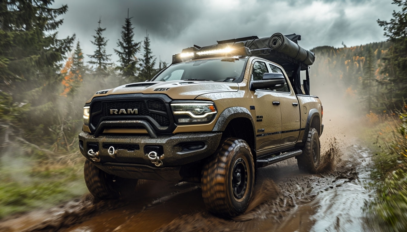 Adventure-Ready Ram Truck in Dense Forest Virtual Background