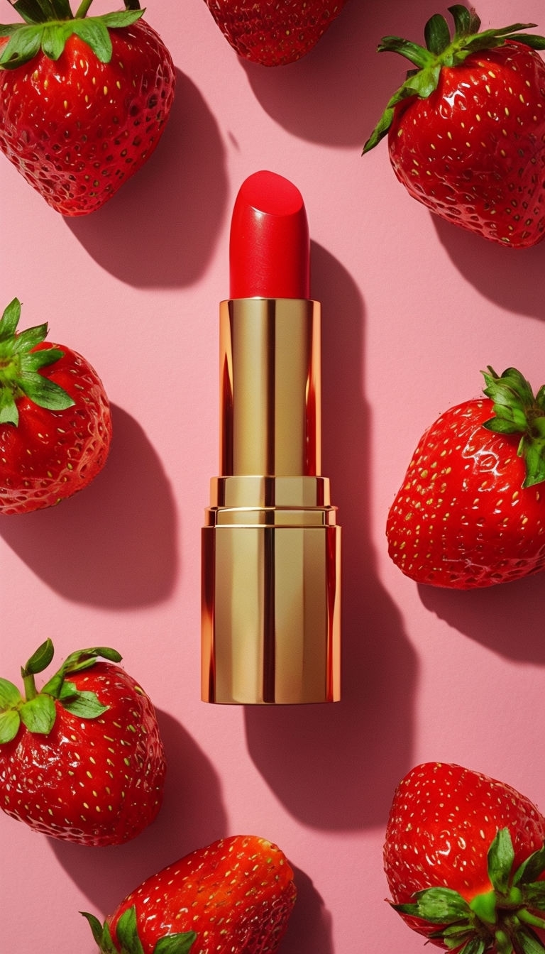 Glamorous Golden Lipstick with Fresh Strawberries Advertisement