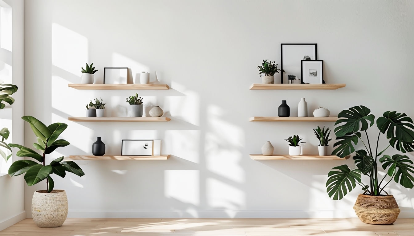 Minimalist Wooden Shelves with Tropical Plants Virtual Backgrounds