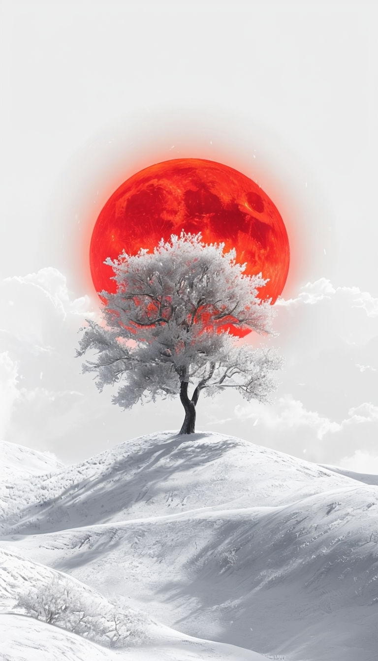 Surreal Winter Landscape with Red Sun and Frosted Tree Mobile Wallpaper