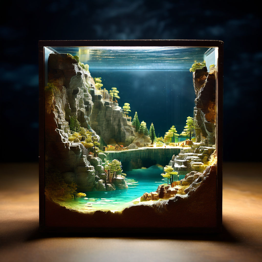 Tiny cutaway cube diorama of a lake in a cave by Deven Kersch - Playground