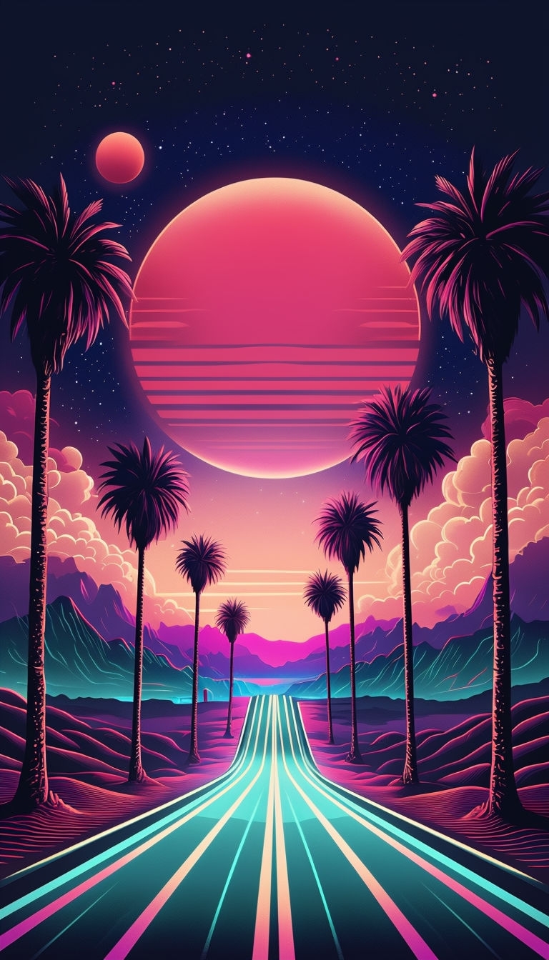 Surreal Retro-Futuristic Desert Night Landscape Art Poster