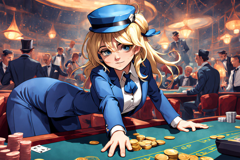 Blonde-haired croupier in a blue suit and top hat. Coin Flipper – Heroic Gambler