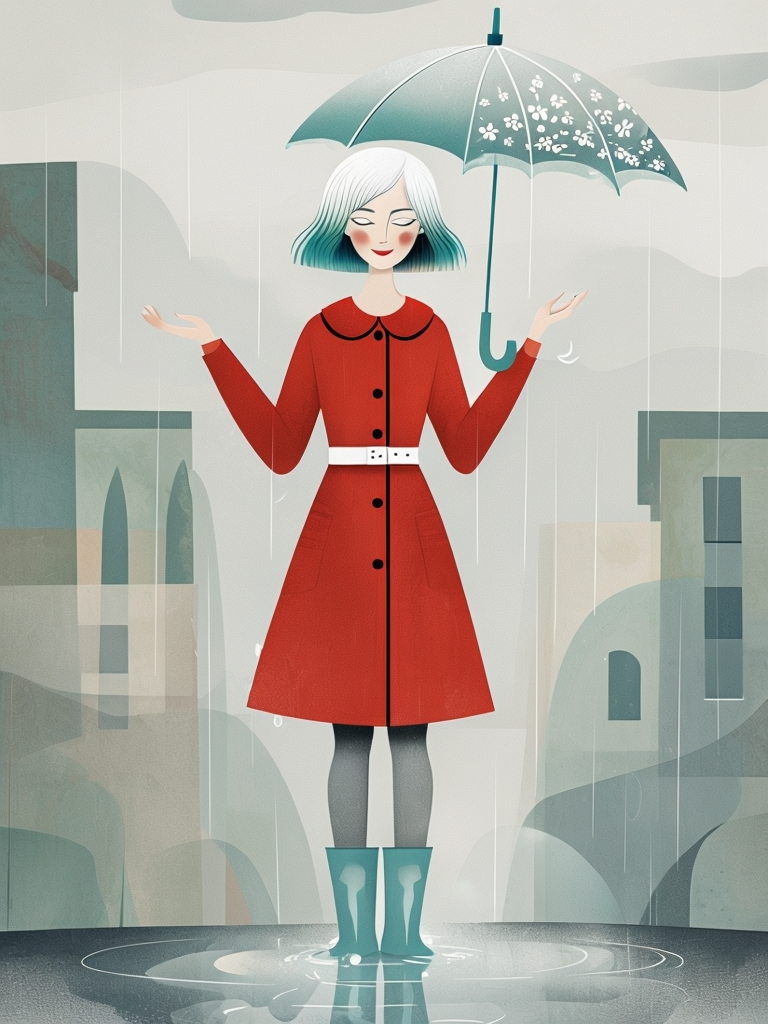 Whimsical Woman in Red Raincoat Illustration