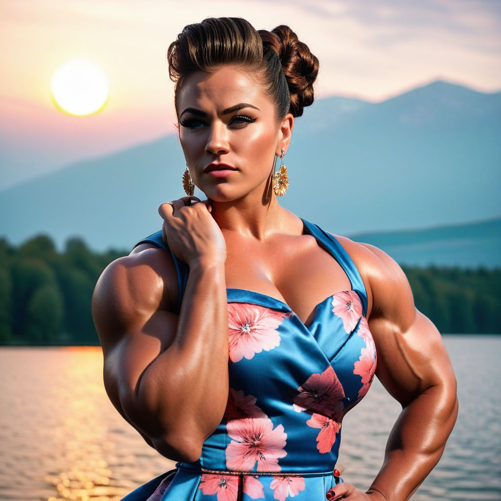 Girl in sexy dress. At a disco Built as Hercules. Muscular. Jacked. Ripped.  Highly detailed. Perfect skin. Beautiful AND Bodybuilder.