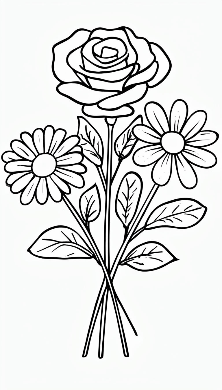 Whimsical Bouquet of Flowers Coloring Page for Kids Coloring Book Pages