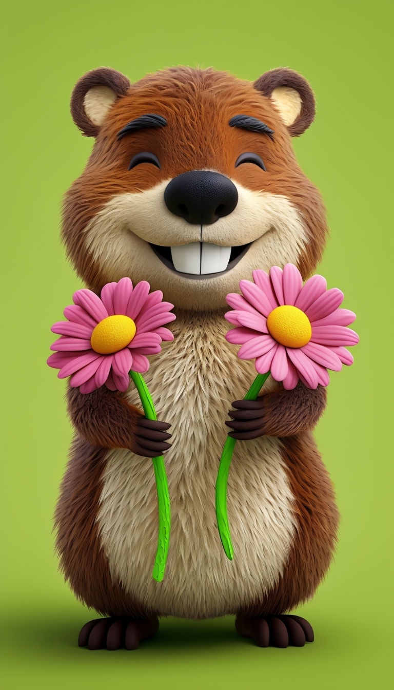 Cheerful Cartoon Beaver Holding Flowers Illustration Art