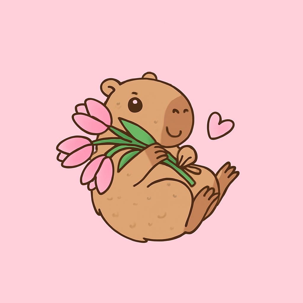 Cute Cartoon Capybara Holding Tulips Illustration Sticker