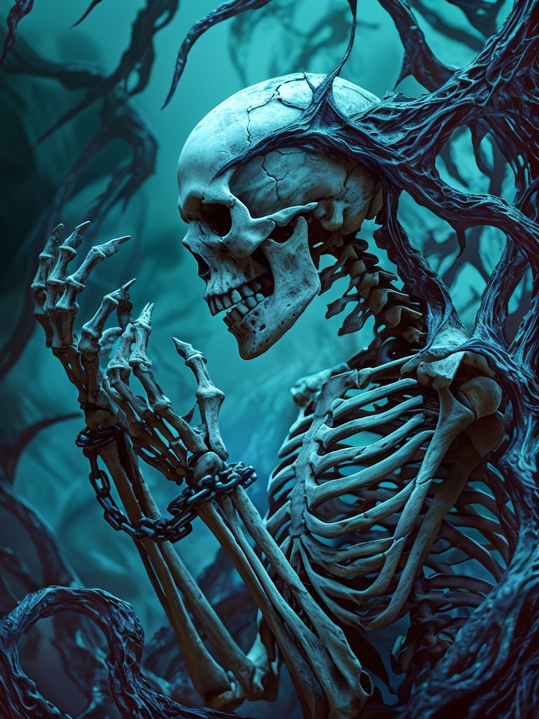 Haunting Skeletal Figure Enveloped in Dark Organic Structures Art